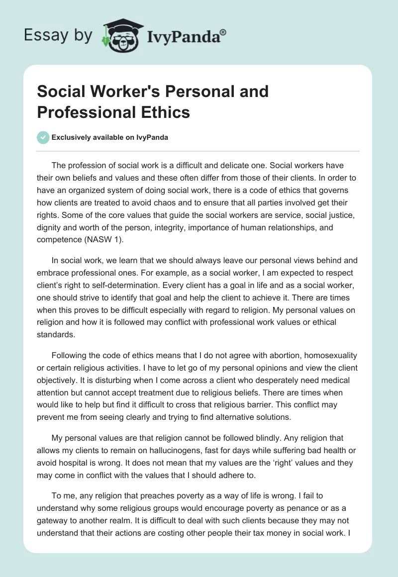 Social Worker's Personal and Professional Ethics. Page 1