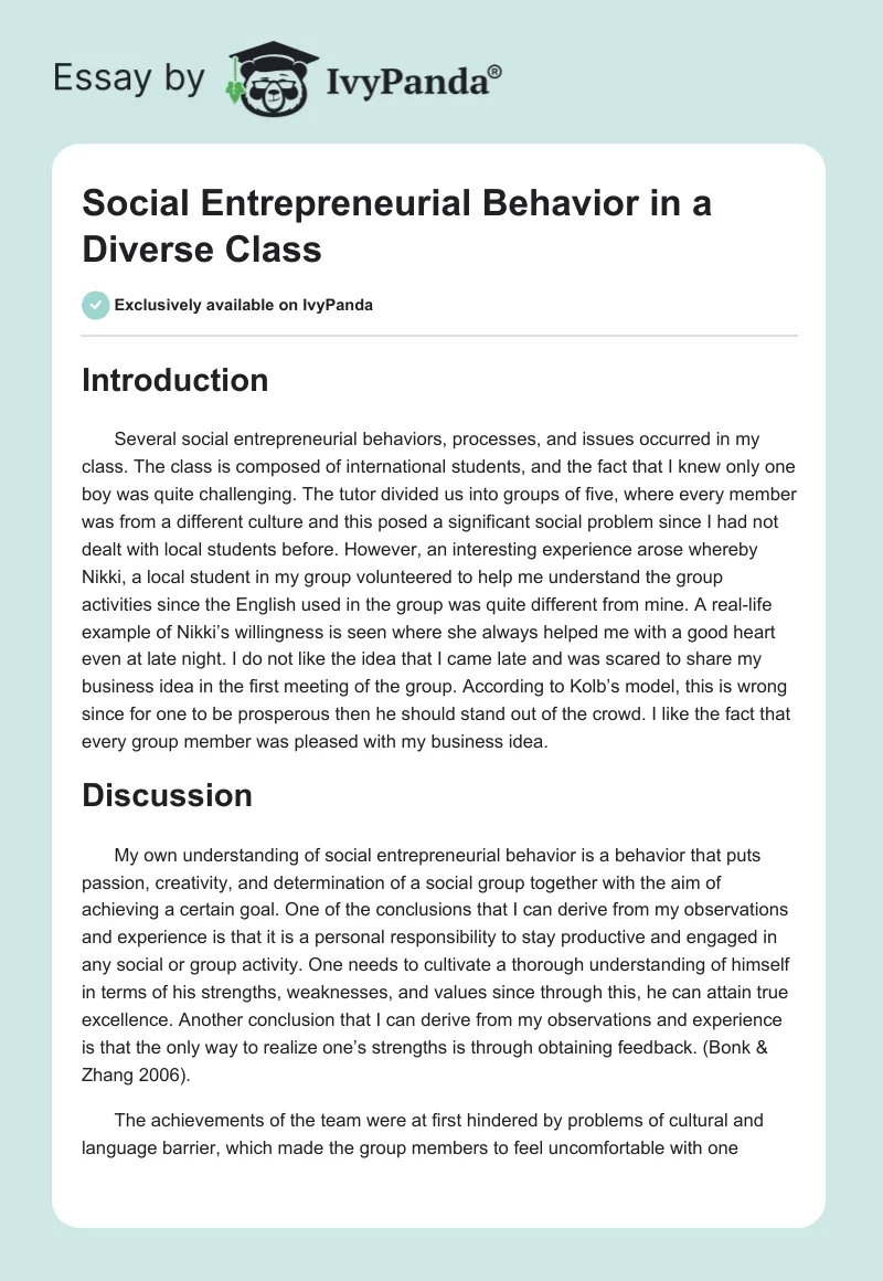 Social Entrepreneurial Behavior in a Diverse Class. Page 1