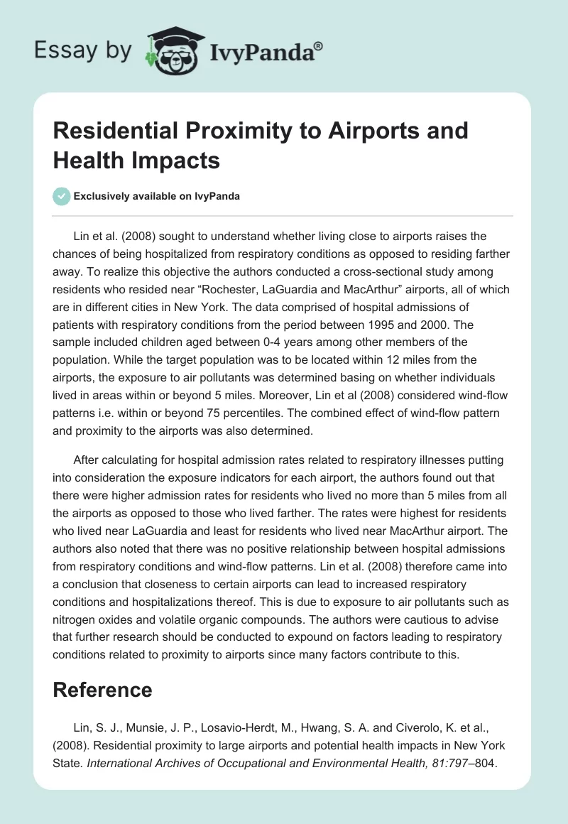 Residential Proximity to Airports and Health Impacts. Page 1