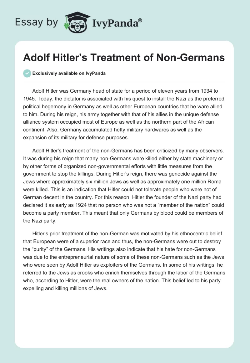 Adolf Hitler's Treatment of Non-Germans. Page 1