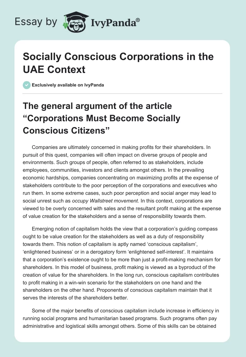 Socially Conscious Corporations in the UAE Context. Page 1