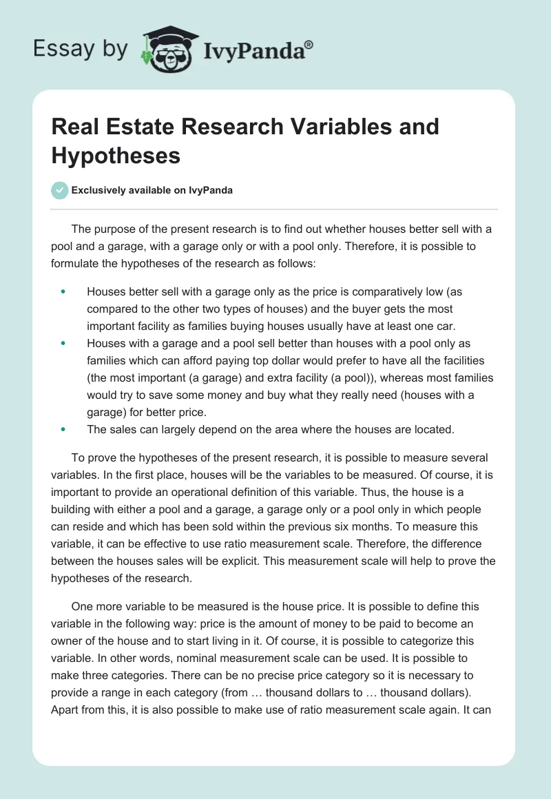 Real Estate Research Variables and Hypotheses. Page 1