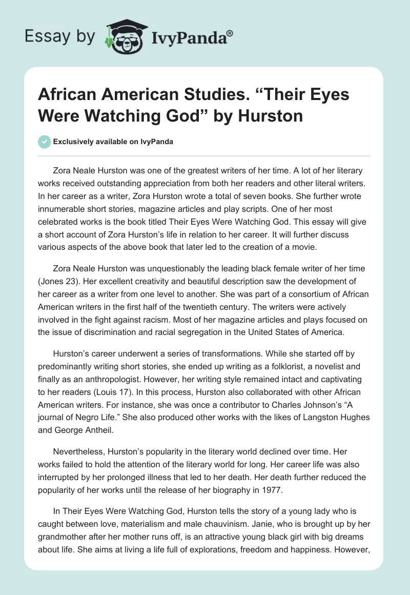 African American Studies. “Their Eyes Were Watching God” by Hurston. Page 1