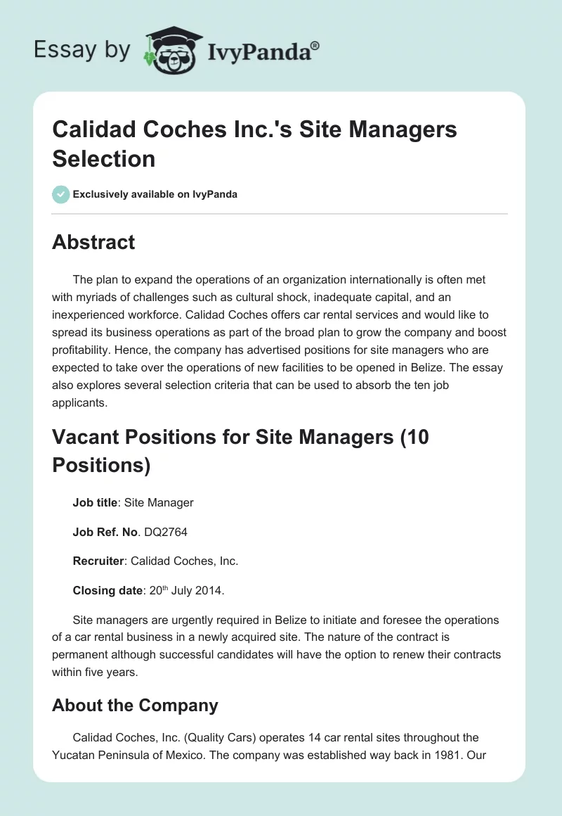 Calidad Coches Inc.'s Site Managers Selection. Page 1