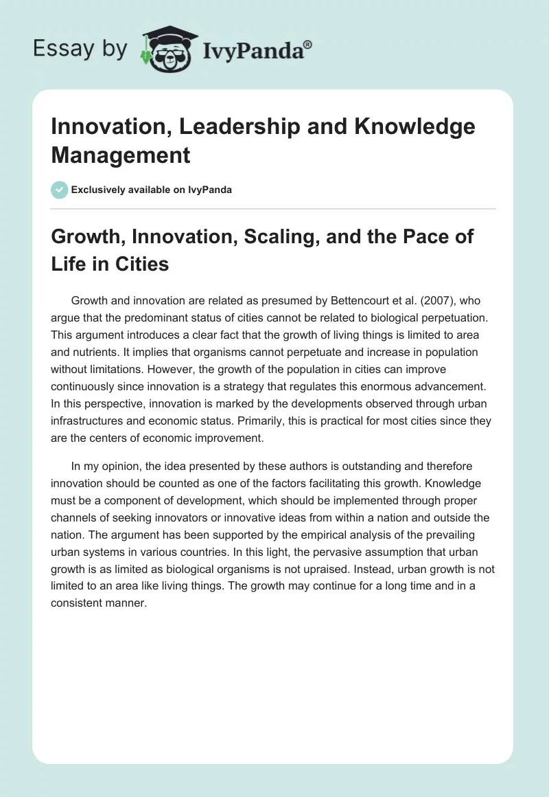 Innovation, Leadership and Knowledge Management. Page 1
