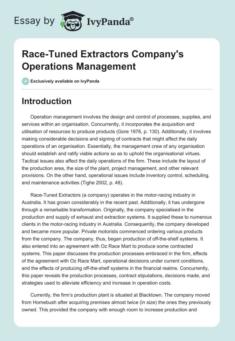 Race-Tuned Extractors Company's Operations Management. Page 1
