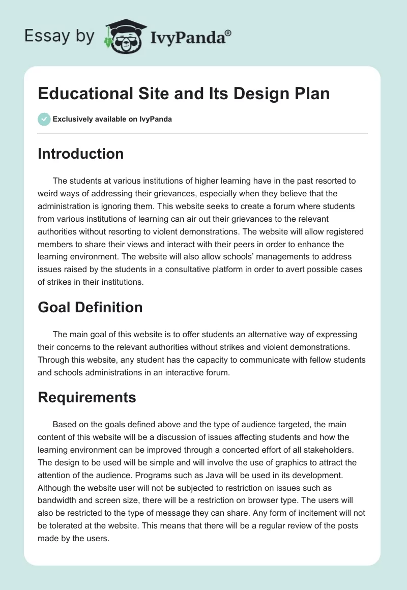 Educational Site and Its Design Plan. Page 1