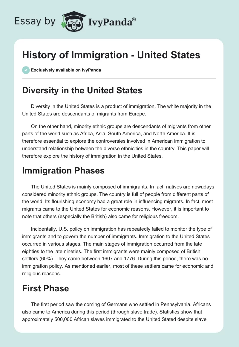 History of Immigration - United States. Page 1