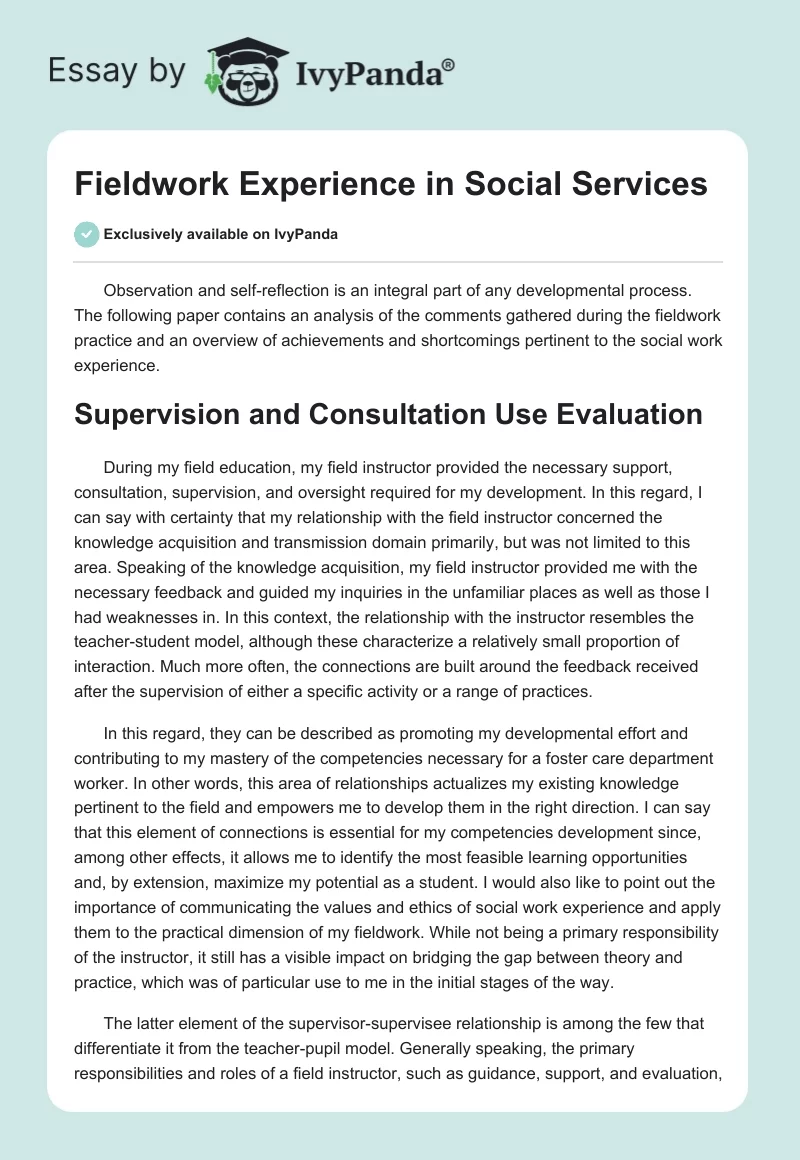 Fieldwork Experience in Social Services. Page 1