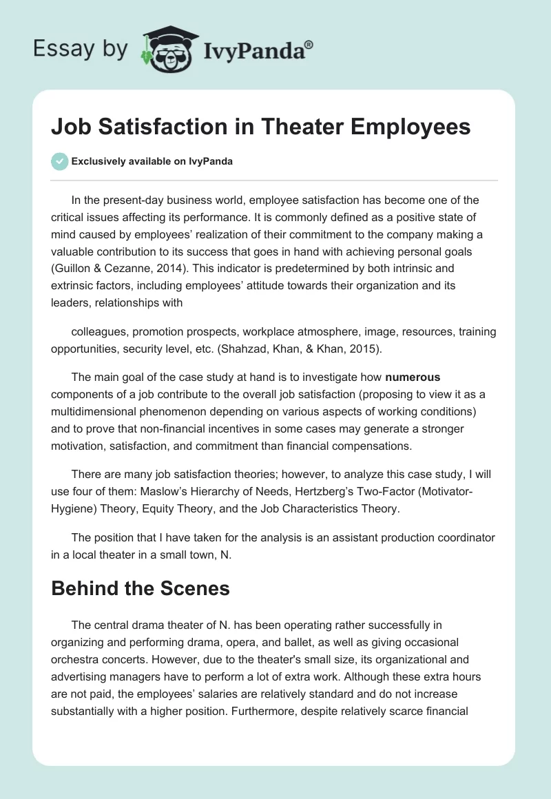 Job Satisfaction in Theater Employees. Page 1