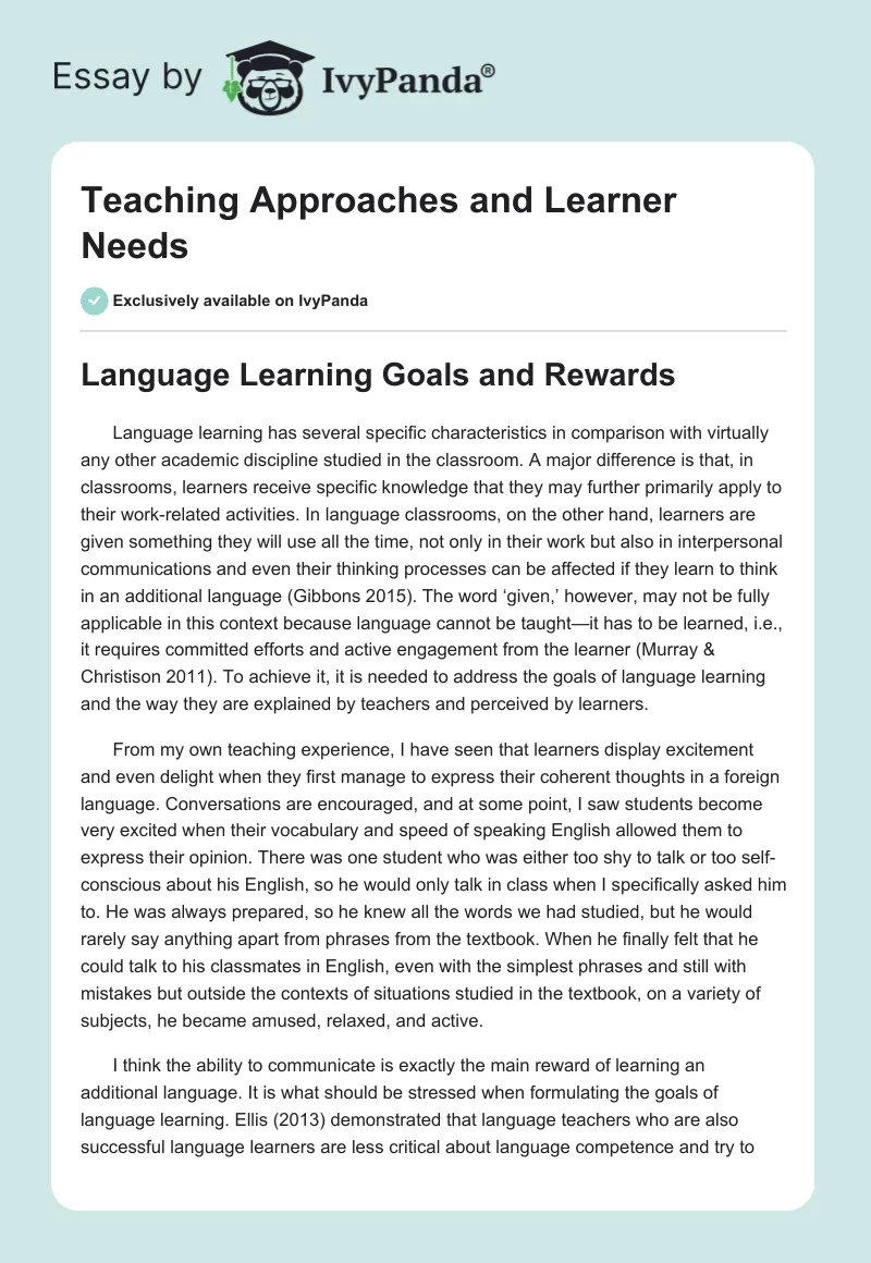 Teaching Approaches and Learner Needs. Page 1
