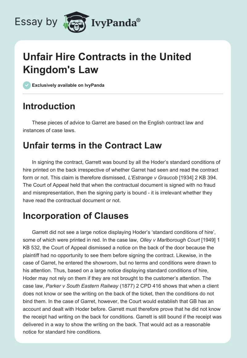 Unfair Hire Contracts in the United Kingdom's Law. Page 1