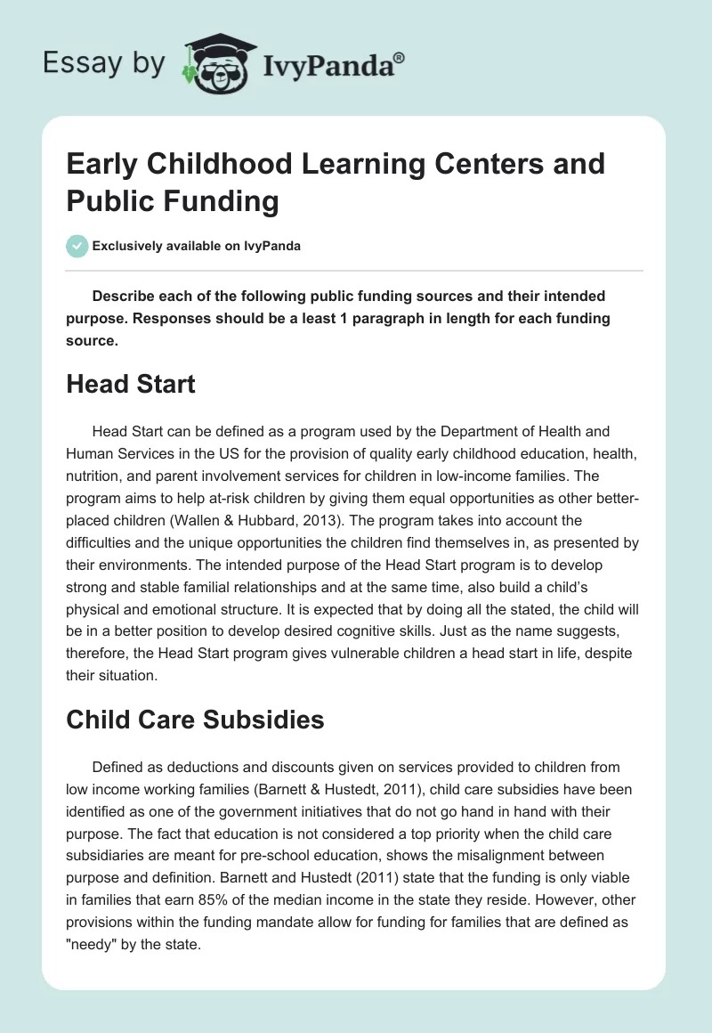 Early Childhood Learning Centers and Public Funding. Page 1