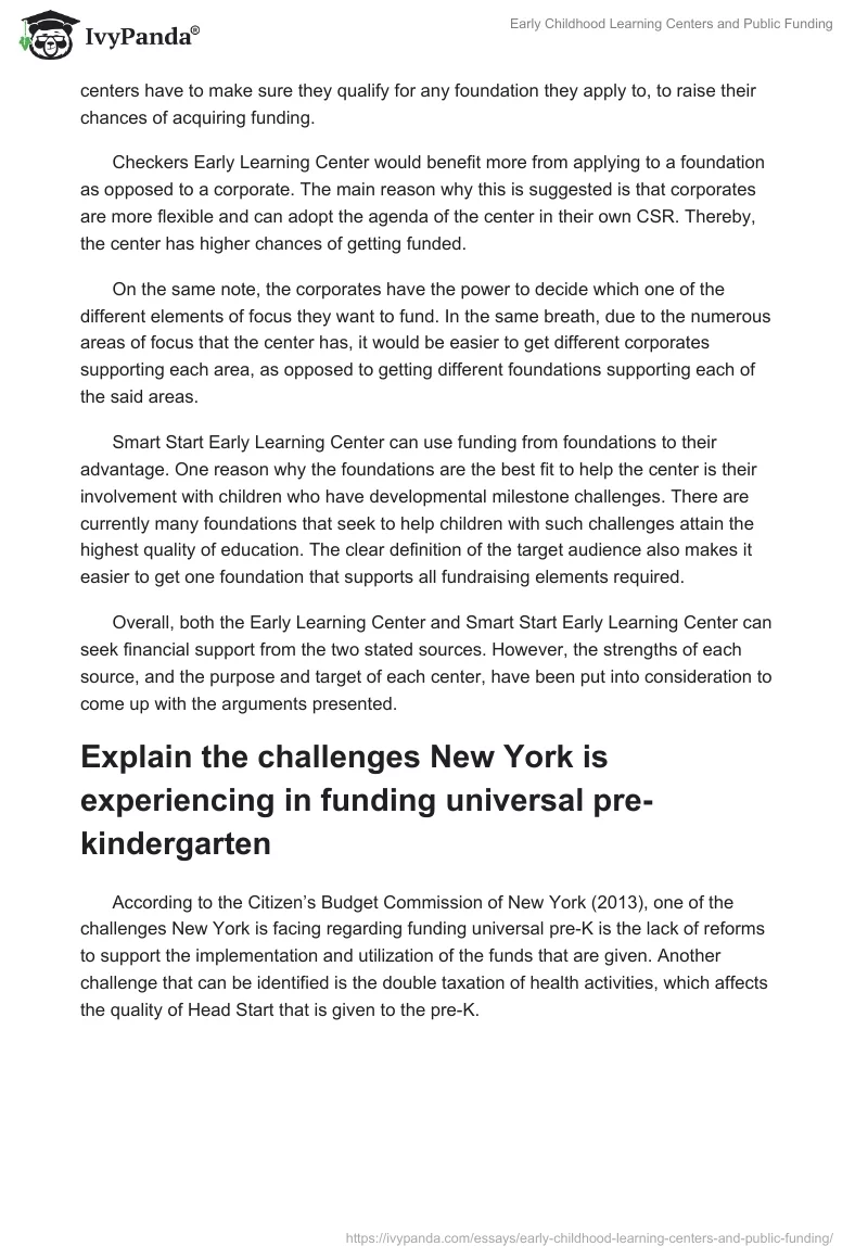 Early Childhood Learning Centers and Public Funding. Page 5