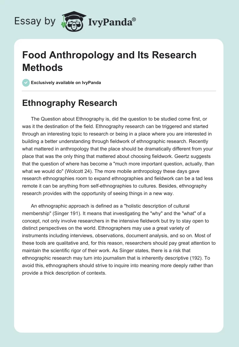 Food Anthropology and Its Research Methods. Page 1