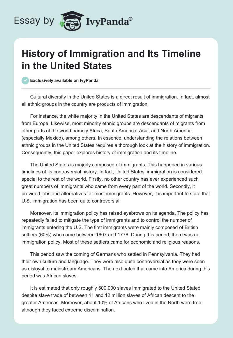 History of Immigration and Its Timeline in the United States. Page 1