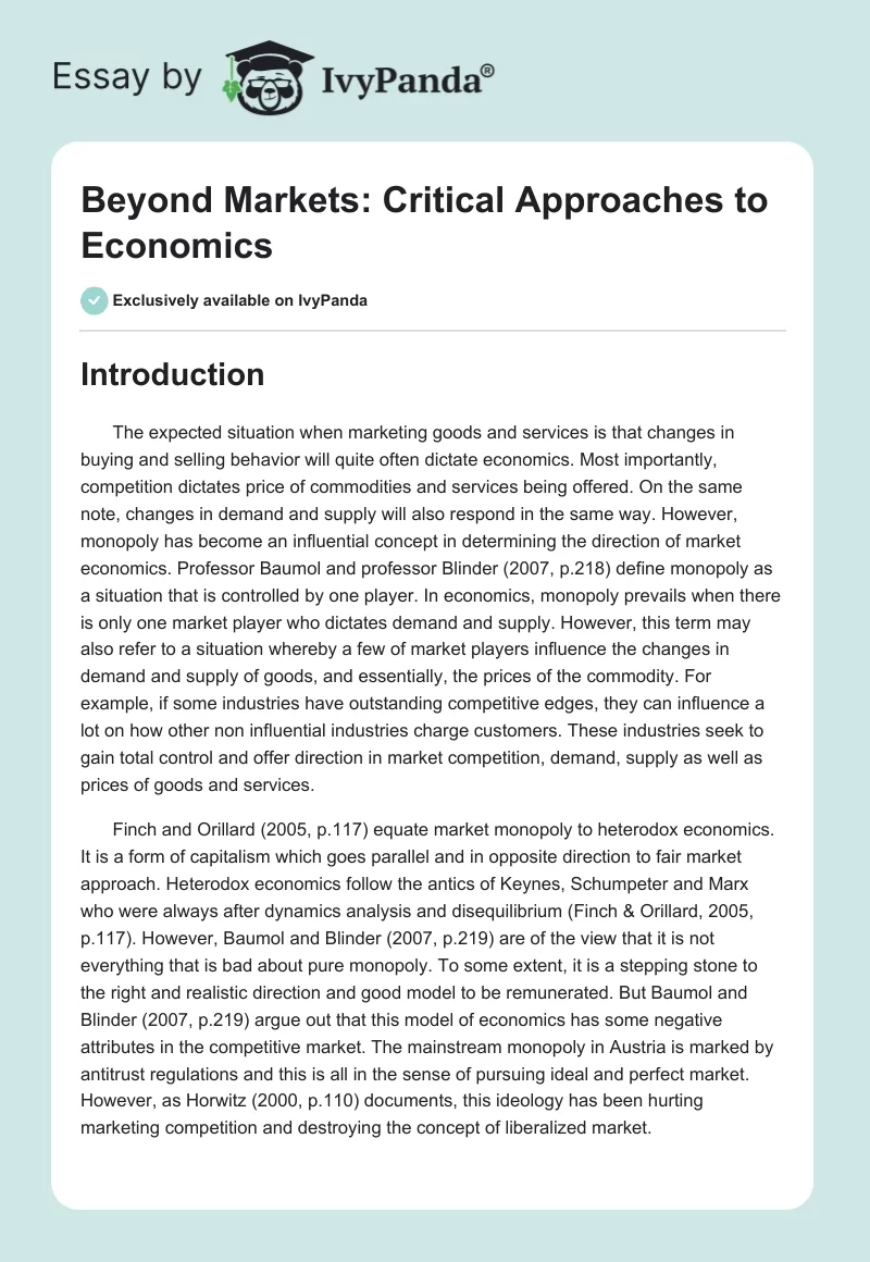 Beyond Markets: Critical Approaches to Economics. Page 1