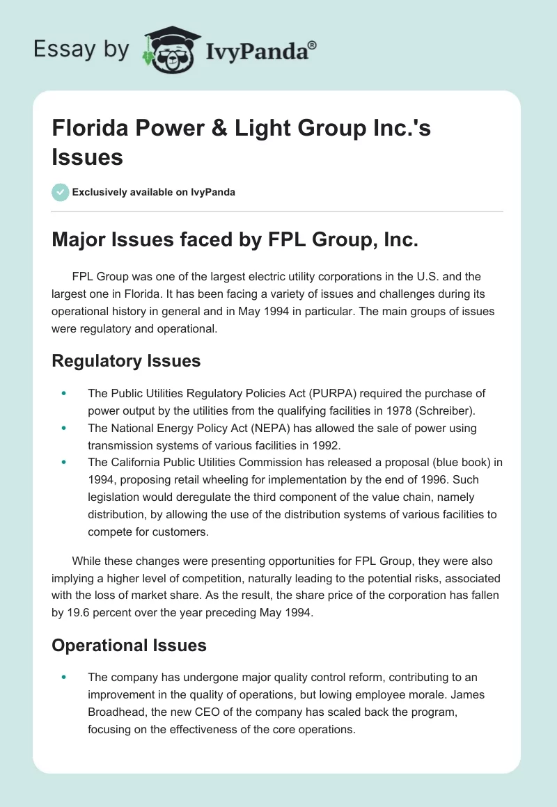 Florida Power & Light Group Inc.'s Issues. Page 1