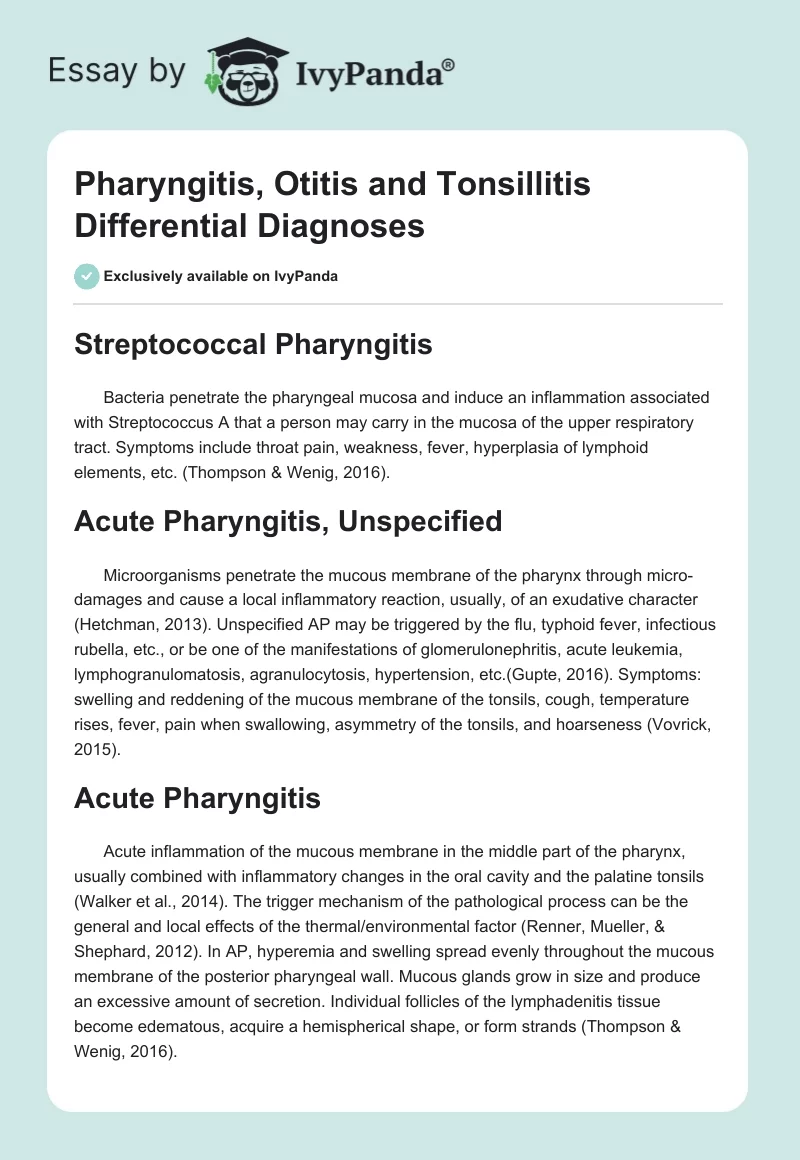 Pharyngitis, Otitis and Tonsillitis Differential Diagnoses. Page 1