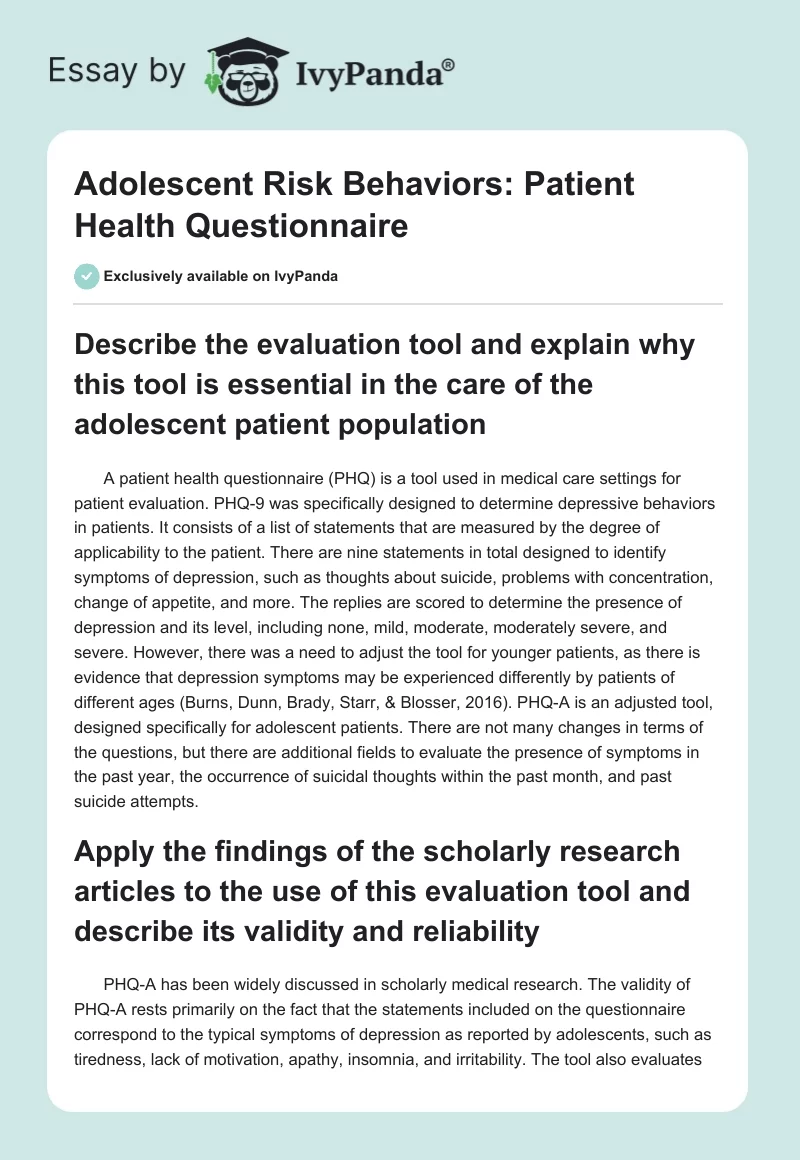 Adolescent Risk Behaviors: Patient Health Questionnaire. Page 1