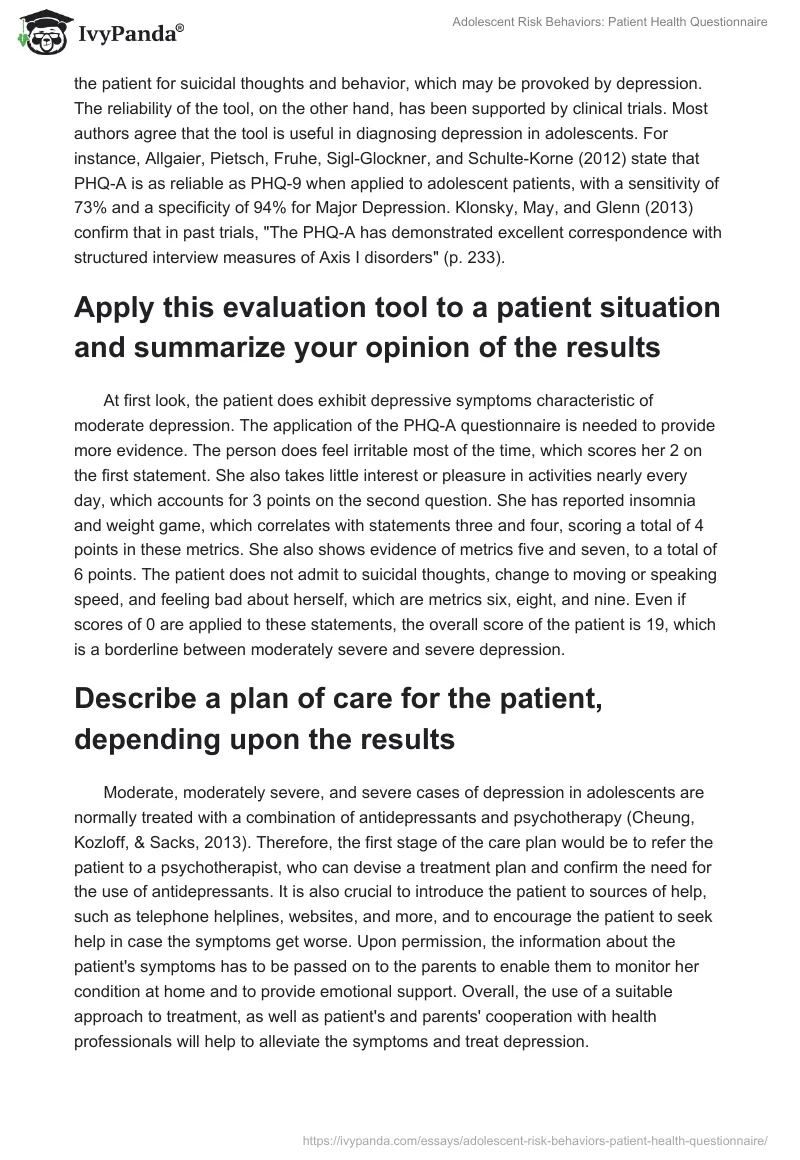 Adolescent Risk Behaviors: Patient Health Questionnaire. Page 2