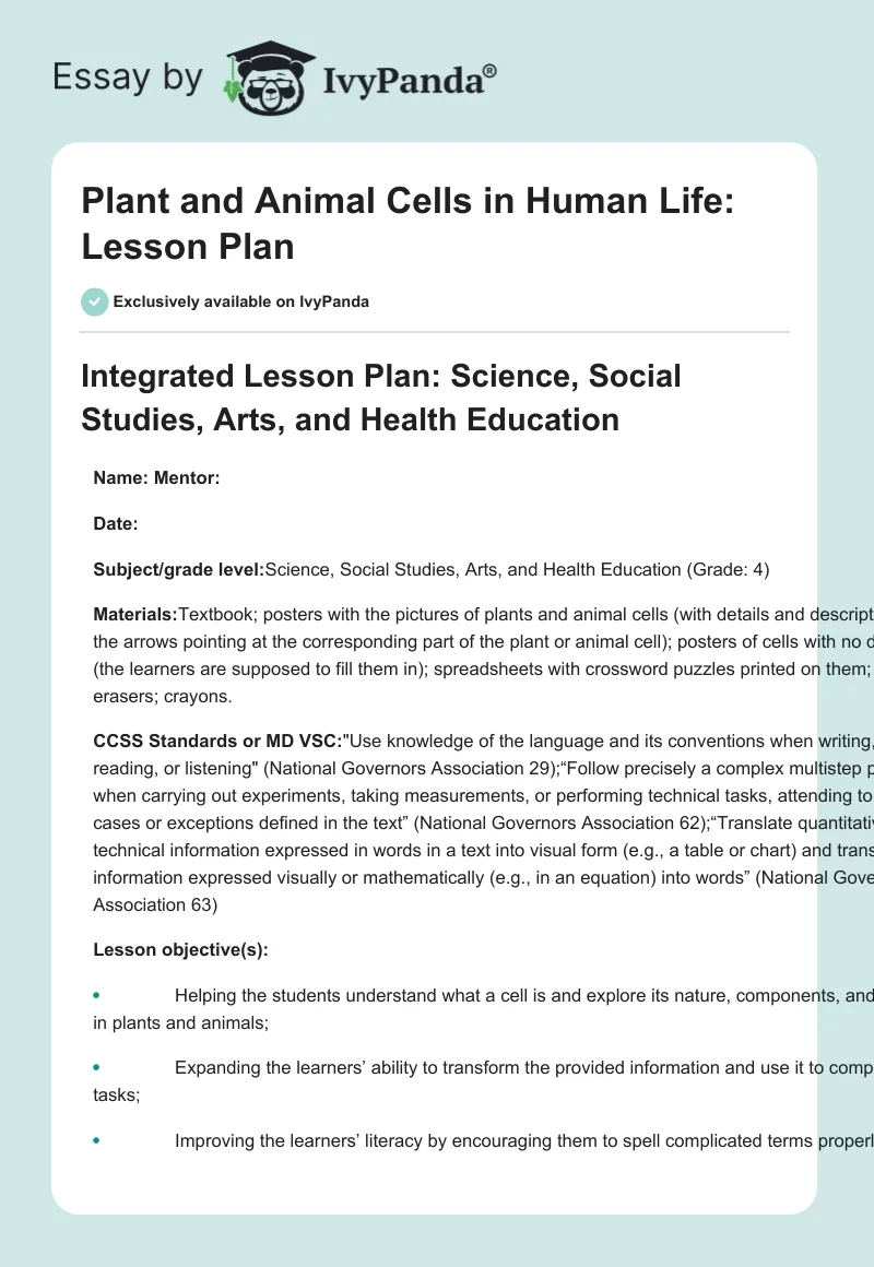 Plant and Animal Cells in Human Life: Lesson Plan. Page 1