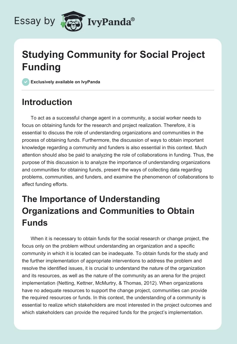 Studying Community for Social Project Funding. Page 1