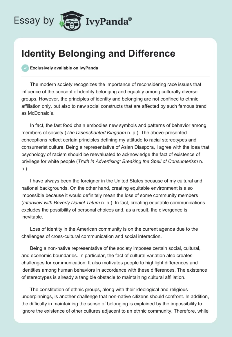 Identity Belonging and Difference. Page 1