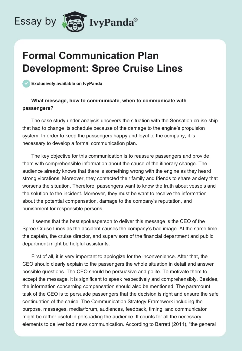 Formal Communication Plan Development: Spree Cruise Lines. Page 1