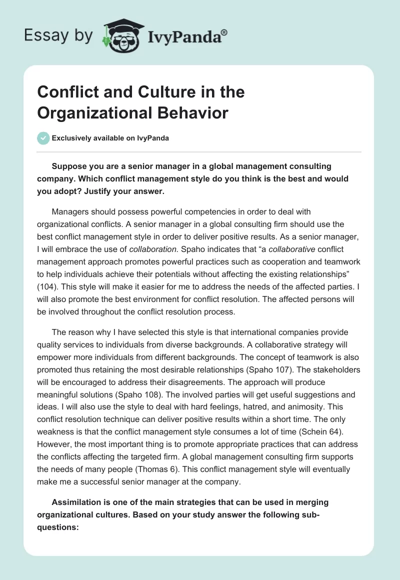 Conflict and Culture in the Organizational Behavior. Page 1