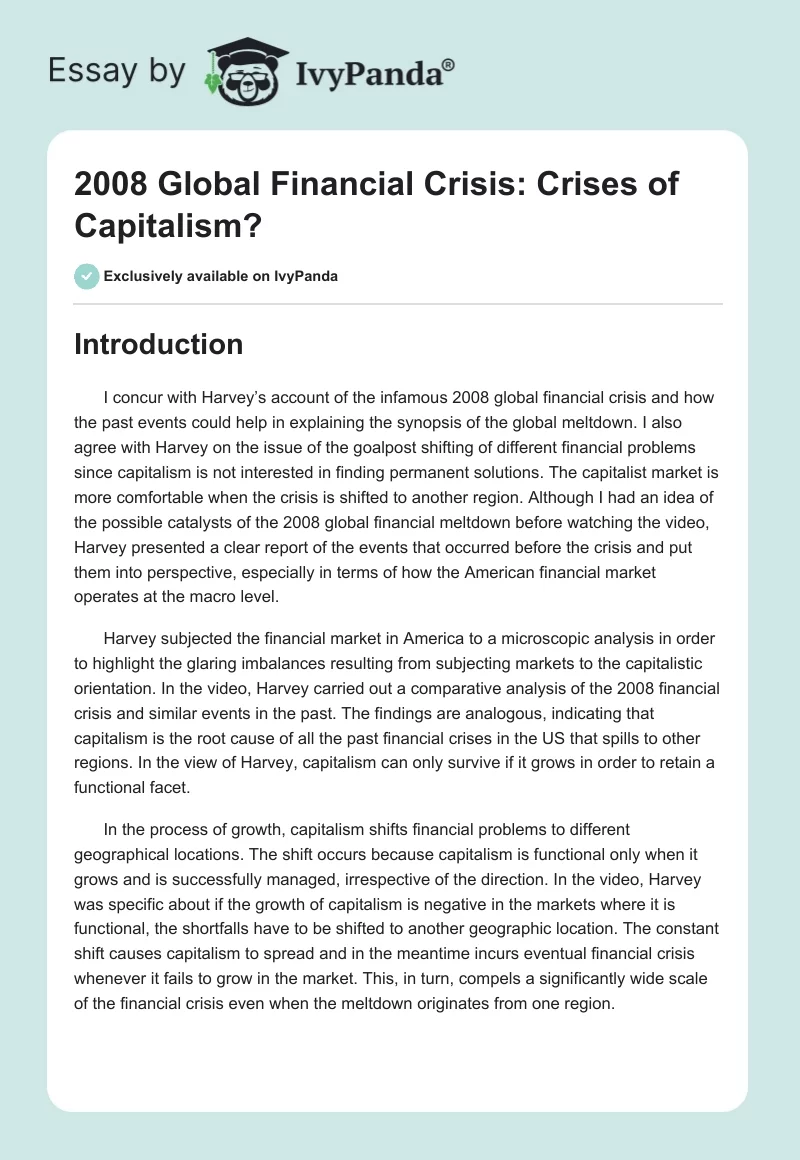 2008 Global Financial Crisis: Crises of Capitalism?. Page 1