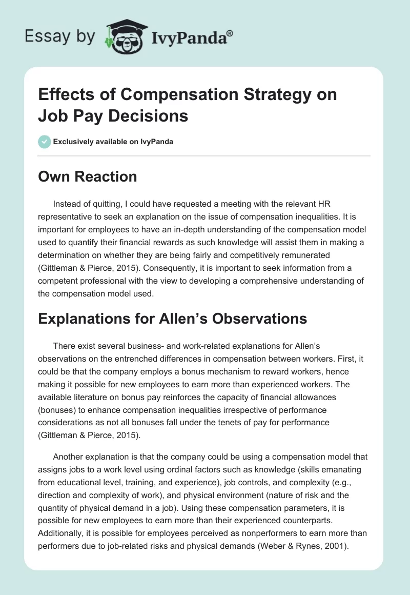 Effects of Compensation Strategy on Job Pay Decisions. Page 1
