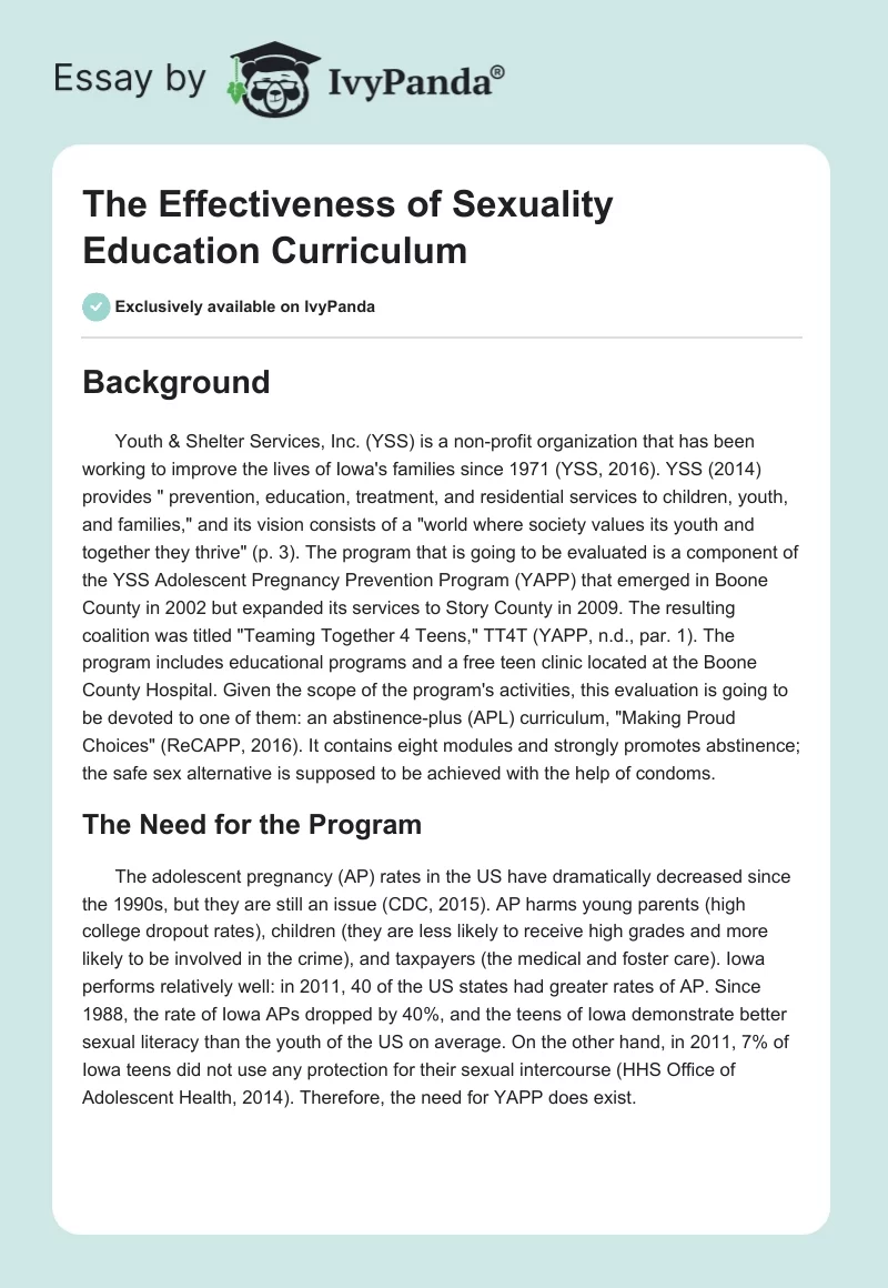 The Effectiveness of Sexuality Education Curriculum. Page 1