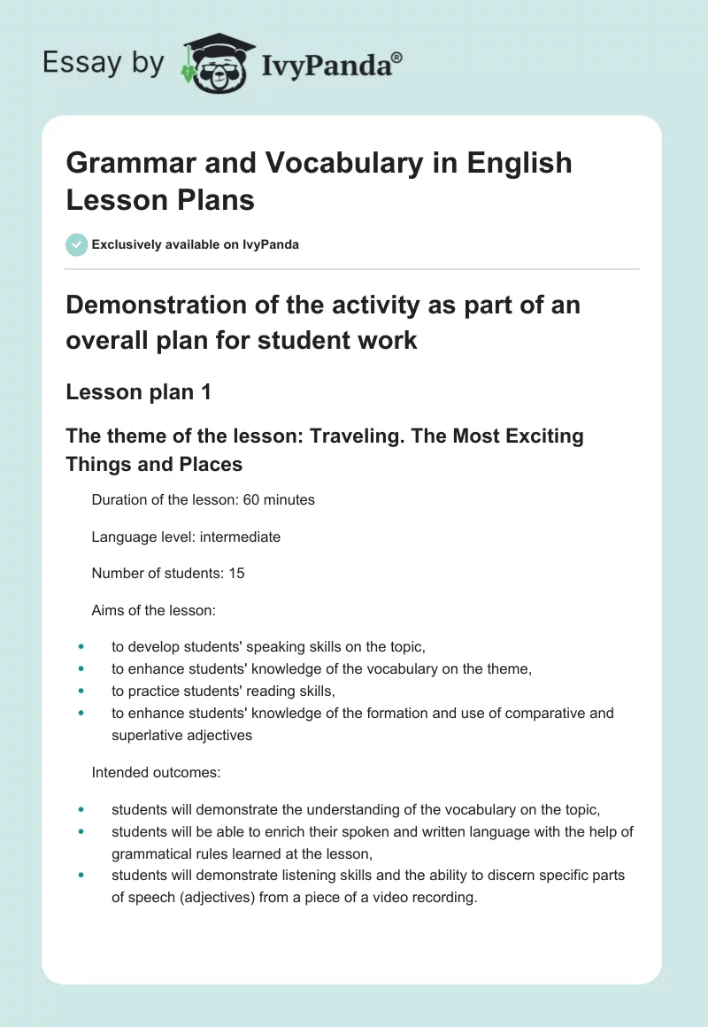 Grammar and Vocabulary in English Lesson Plans. Page 1