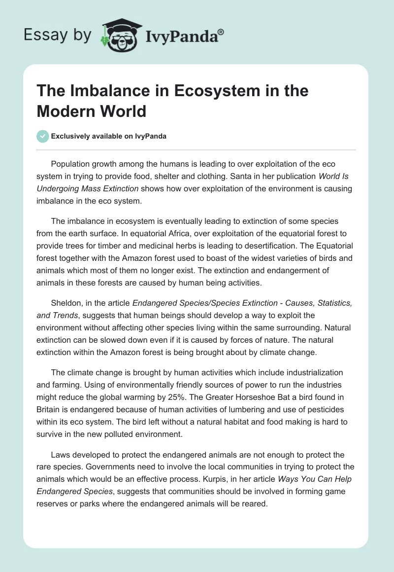 The Imbalance in Ecosystem in the Modern World - 611 Words | Essay Example