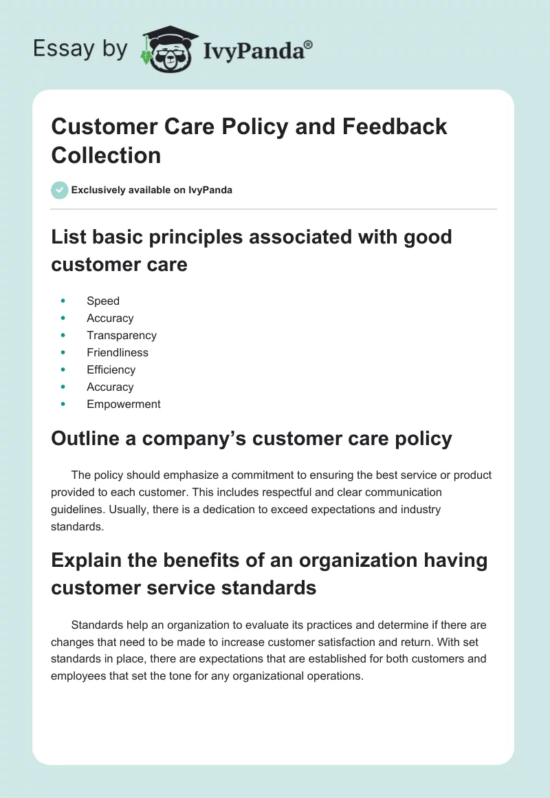 Customer Care Policy and Feedback Collection. Page 1