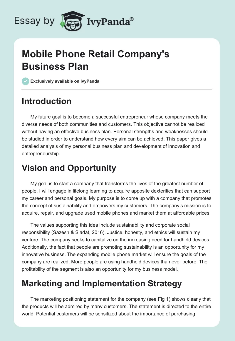 Mobile Phone Retail Company's Business Plan. Page 1