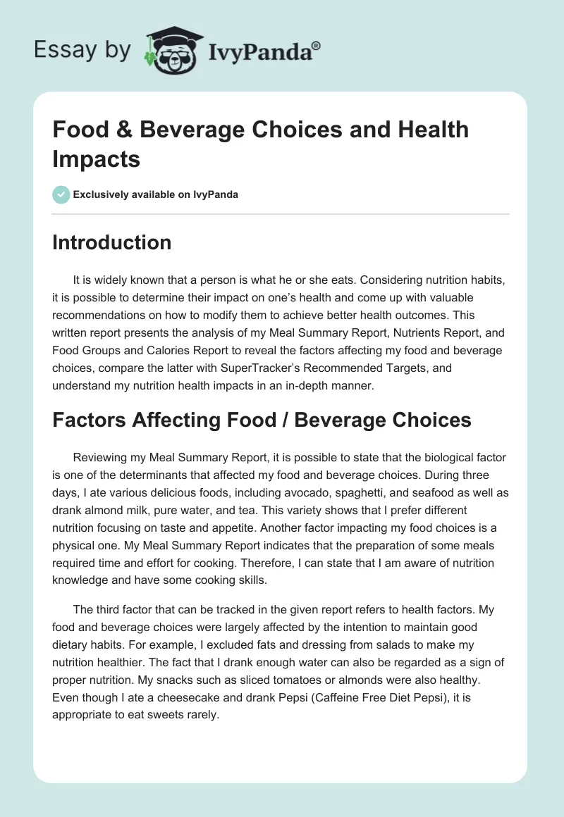 Food & Beverage Choices and Health Impacts. Page 1