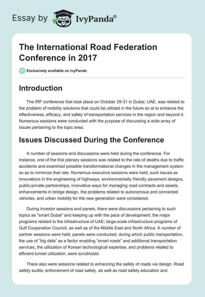 The International Road Federation Conference in 2017. Page 1