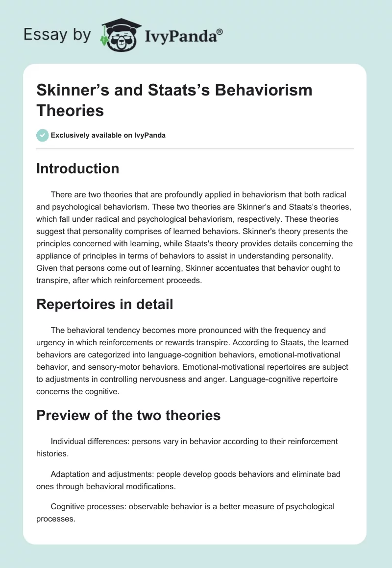 Skinner’s and Staats’s Behaviorism Theories. Page 1