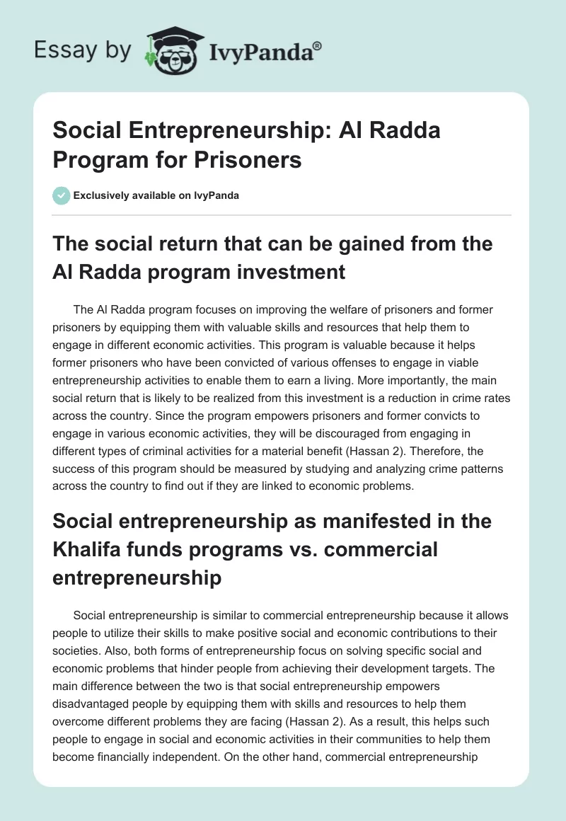 Social Entrepreneurship: Al Radda Program for Prisoners. Page 1