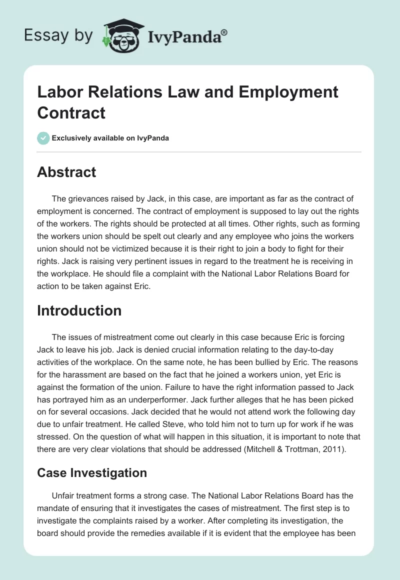 Labor Relations Law and Employment Contract. Page 1