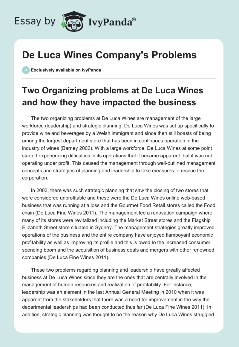 De Luca Wines Company's Problems. Page 1