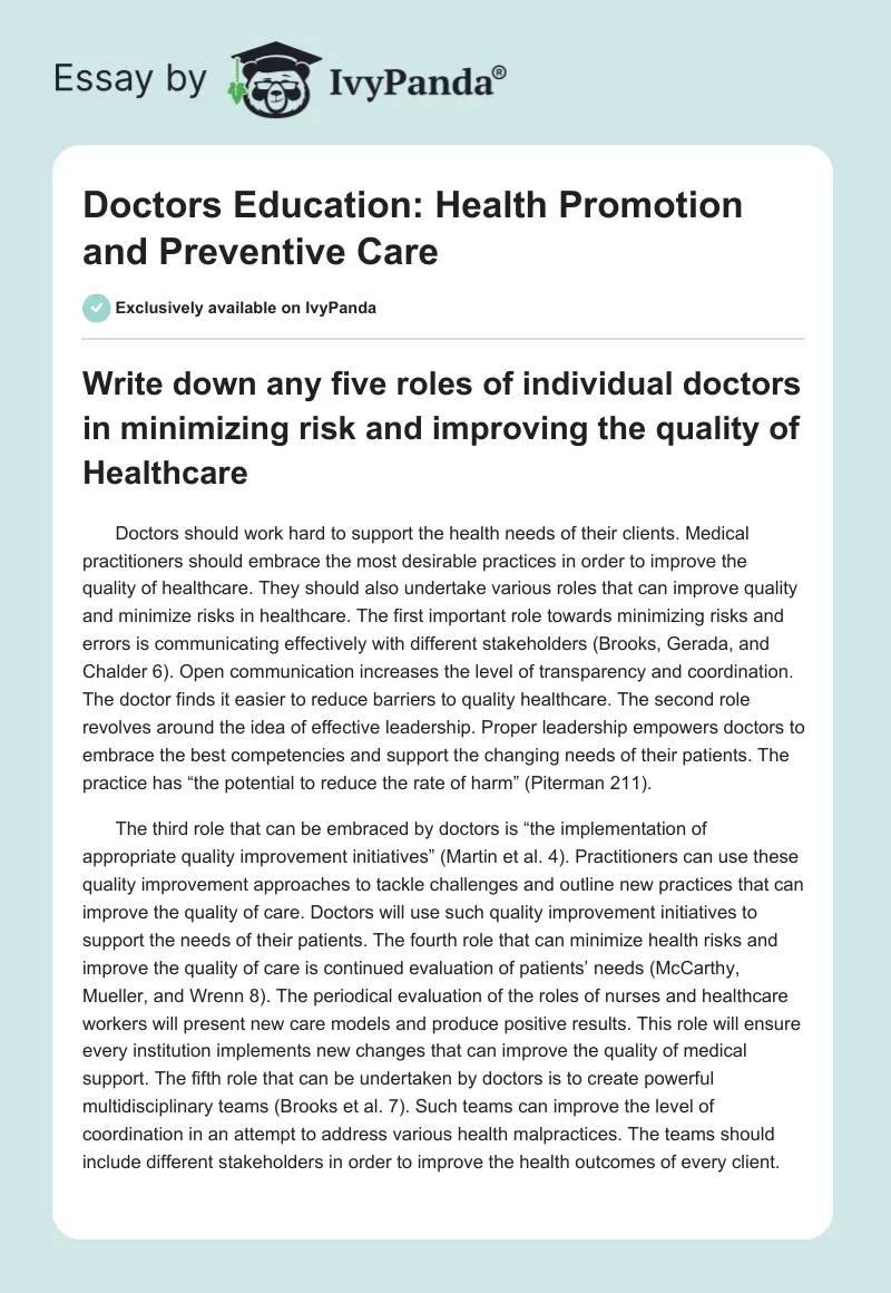 Doctors Education: Health Promotion and Preventive Care. Page 1