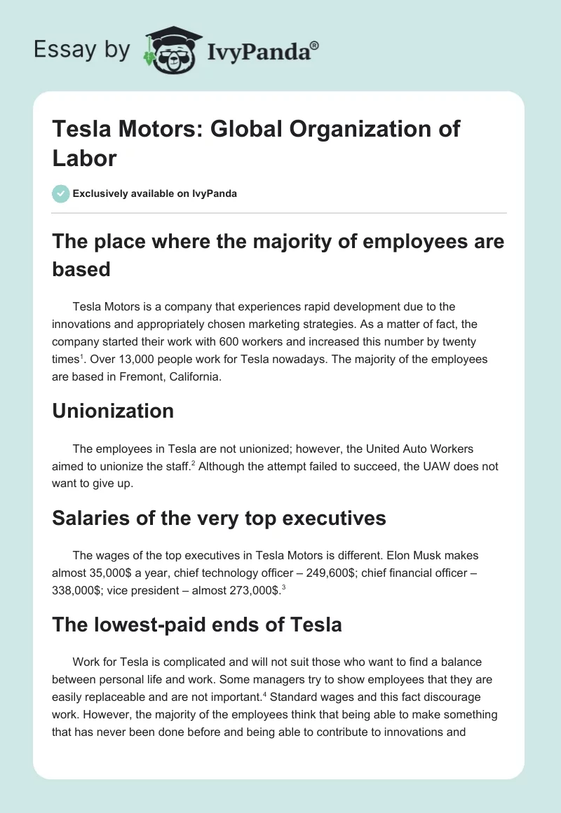 Tesla Motors: Global Organization of Labor. Page 1