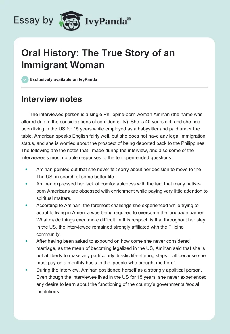 Oral History: The True Story of an Immigrant Woman. Page 1
