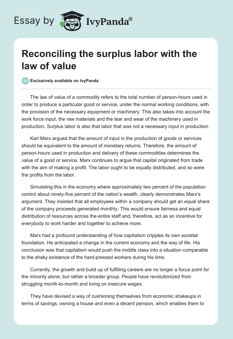 Reconciling the surplus labor with the law of value. Page 1