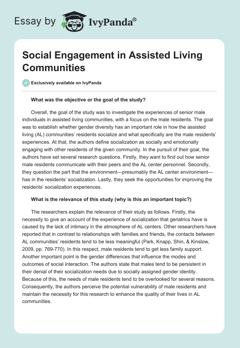 Social Engagement in Assisted Living Communities. Page 1
