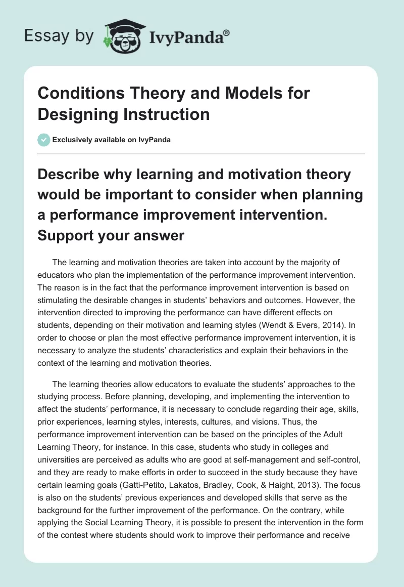 Conditions Theory and Models for Designing Instruction. Page 1