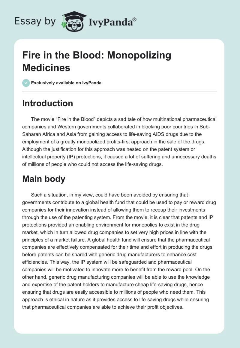 Fire in the Blood: Monopolizing Medicines. Page 1